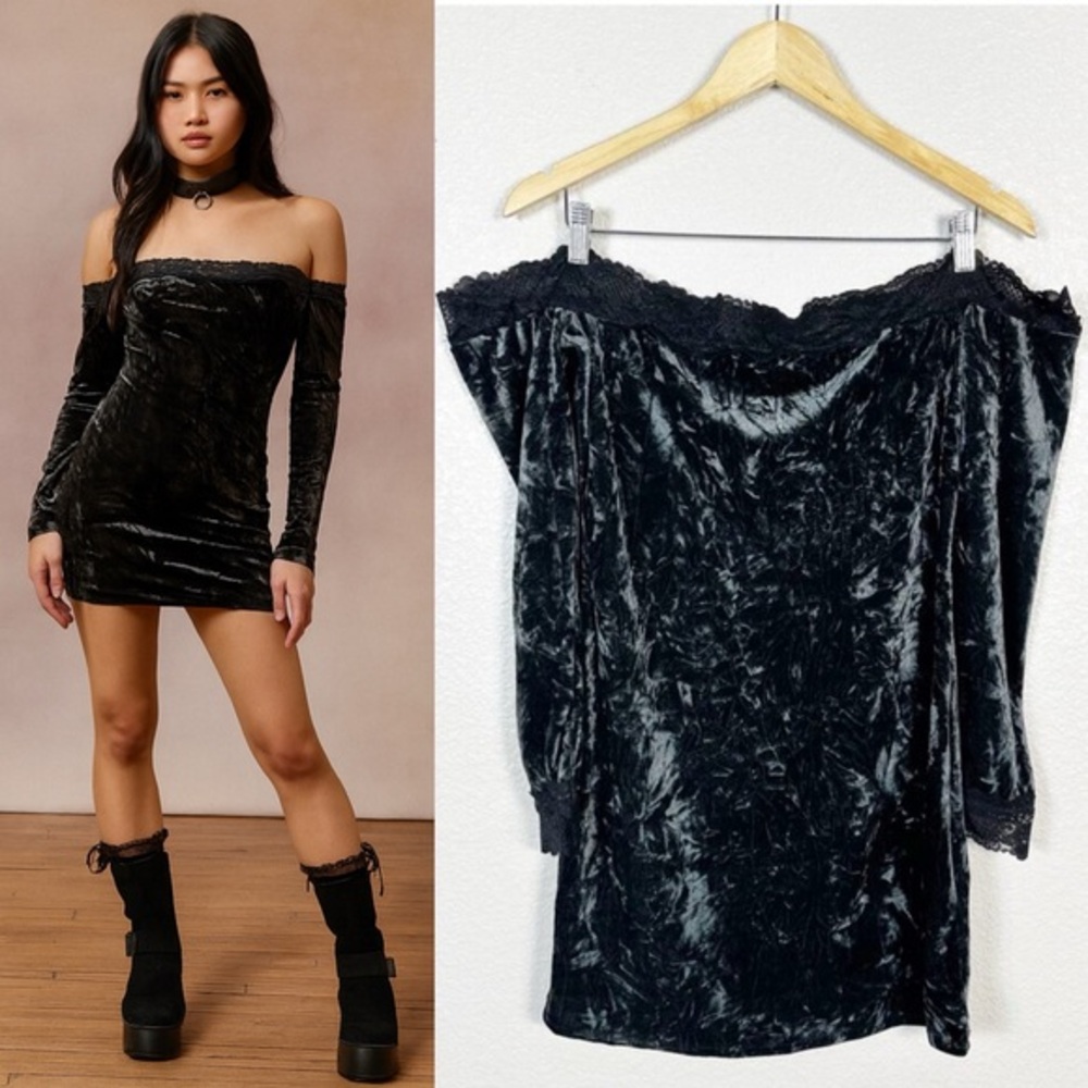 Kimchi Blue Ryder Crushed Velvet Y2K Dark Fairycore Feminine Goth‎ Mini Dress L